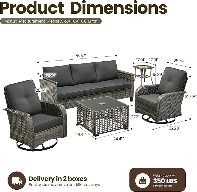 5 Piece Wicker Patio Furniture with Swivel Rocker Chair, Black | High Back Swivel Rocker Chairs, All Weather Rattan Outdoor Sofa, Solar Lights Table, Modern Conversation Sets, Deck Backyard