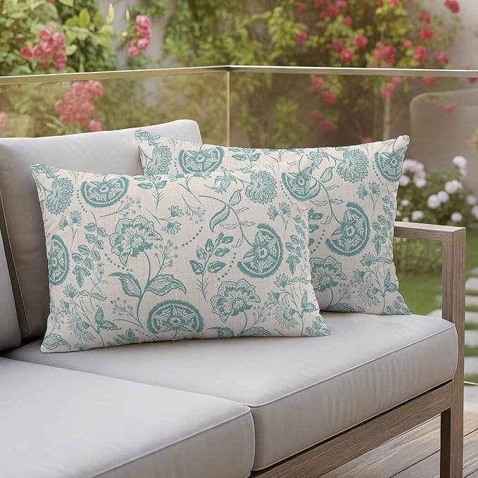 Outdoor Pillow Covers 20x12 Set of 2, Turquoise Spring Floral Waterproof Patio Throw Pillow Covers for Couch Sofa Chair, Farmhouse Retro Summer Botanical Decorative Pillowcases for Throw Pillows