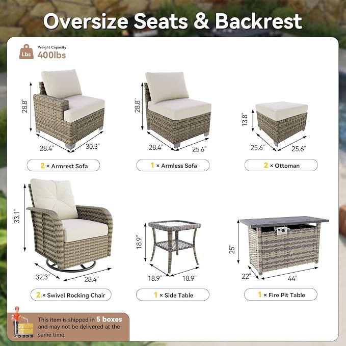 LazySunsets Luxury Patio Furniture Set with Fire Pit Table，All-Weather Patio Sectional Sofas with Thickened Cushions, 9 Piece Outdoor Furniture Sectional Set with Swivel Rocker Chairs of 2，Beige