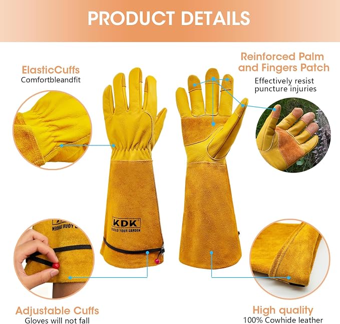 KDK Long Cowhide Gardening Gloves for Women Men, Thorn Proof Garden Gloves for Rose Pruning, Cactus Heavy Duty Gauntlet