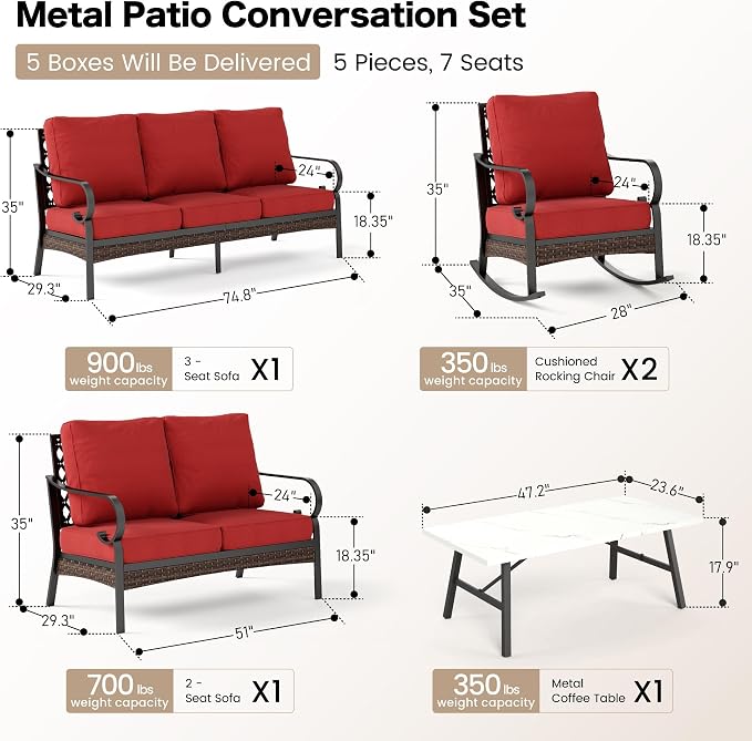 SUNSHINE VALLEY 5 Piece Metal Outdoor Patio Furniture Set, Patio Conversation Set with 3-Seater Sofa, Loveseat, 2 Rocking Sofa (5.75" Thick Cushion) & Coffee Table Black Backyard Furniture, Rust Red