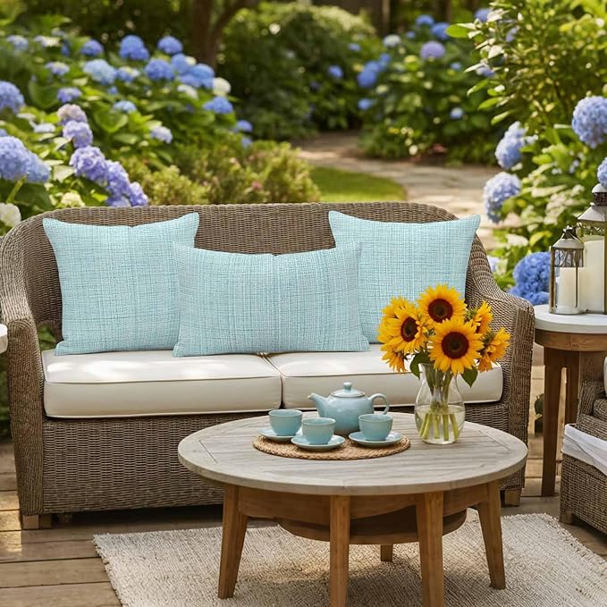 Outdoor Waterproof Throw Pillow Covers Set of 2 Teal Linen Texture Pillowcases 26x26 Inches Solid Color Decorative Pillows Cushion Case Patio Pillows for Couch Bed Chair Garden