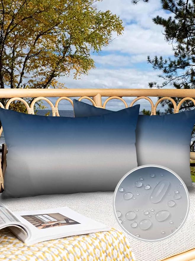 Outdoor Waterproof Throw Pillow Covers Set of 2 Blue Grey Ombre Lumbar Pillowcases 20x12 Inches Gradient Gradual Color Patio Decorative Pillows Cushion Case Patio Pillows for Couch Bed Chair Garden