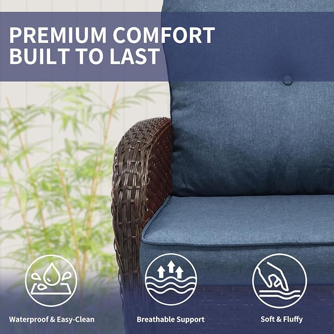 YLGJ&TIDY Outdoor Furniture Swivel Rocker Chairs 3PC Bistro Set 2 Brown Wicker Patio Glider Armchairs with Side Table Cushions Rocking Sofa for Porch Balcony Backyard Deck (Blue, 3PCS Swivel/Table)