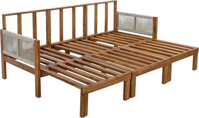 JIVOIT Outdoor Patio Daybed with Rope-Woven Armrests, Convertible Outdoor Sleeper Sofa with Acacia Wood Frame, 3 Seat Patio Sunbed for Backyard, Pool (Beige/85)