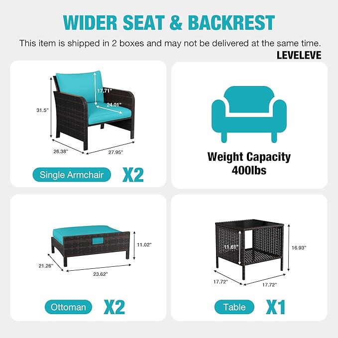 LEVELEVE Patio Conversation Set 5 Piece, Balcony Furniture Outdoor PE Rattan Wicker Lounge Chairs with Soft Cushions, 2 Ottomans & Glass Table for Porch Lawn, Brown (Lake Blue Cushions