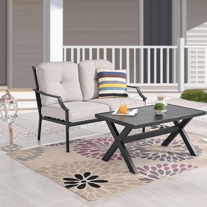 Patio Conversation Set 4 Pieces Metal Outdoor Furniture Sets Outside Loveseat with Rocking Chairs Coffee Table Thick Cushions (Beige)