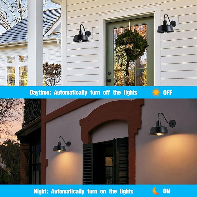 Gooseneck Barn Light, 11inch Dusk to Dawn Black Outdoor Wall Sconce | Weatherproof Steel Exterior Large Lighting Fixture, E26 Base, Easy DIY Install for Porch, Garage, Barn, Farmhouse(1 PC)