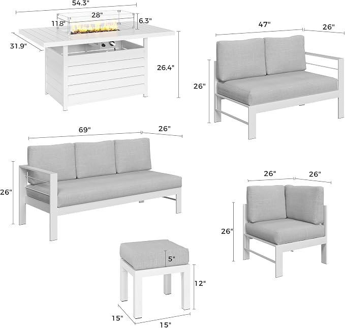 Solaste Aluminum Patio Furniture Set with Fire Pit Table, 6 Piece Sectional Metal Outdoor Furniture with Ottoman, Modern Patio Conversation Set Water-Resistant Cushion for Balcony, Front Porch, White