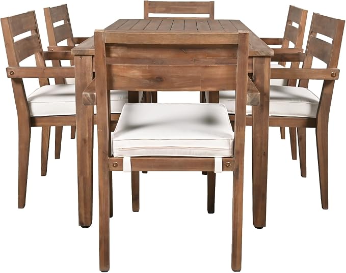7 Piece Patio Dining Table Set with Removable Cushion, Outdoor Acacia Wood Furniture Set for Garden, Backyard, Lawn, Poolside (A-Burly Wood)