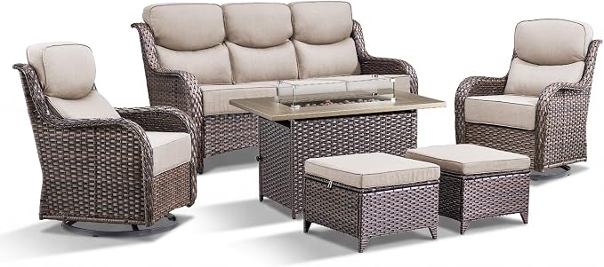 Luxury Patio Furniture Set with Fire Pit Table-6 Pieces All Weather Outdoor Swivel Rocker Chairs with Sofa and Ottomans. Outdoors Patio Conversation Sets for Porch Deck Garden Backyard(Brown/Beige)