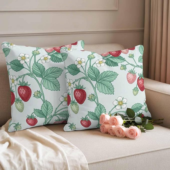 Strawberry Leaves Outdoor Pillow Covers 18"x18" Set of 2, Watercolor Red Pink Fruit Floral Mint Green Waterproof Throw Pillow Covers for Patio Furniture, Decorative Cushion Covers for Porch
