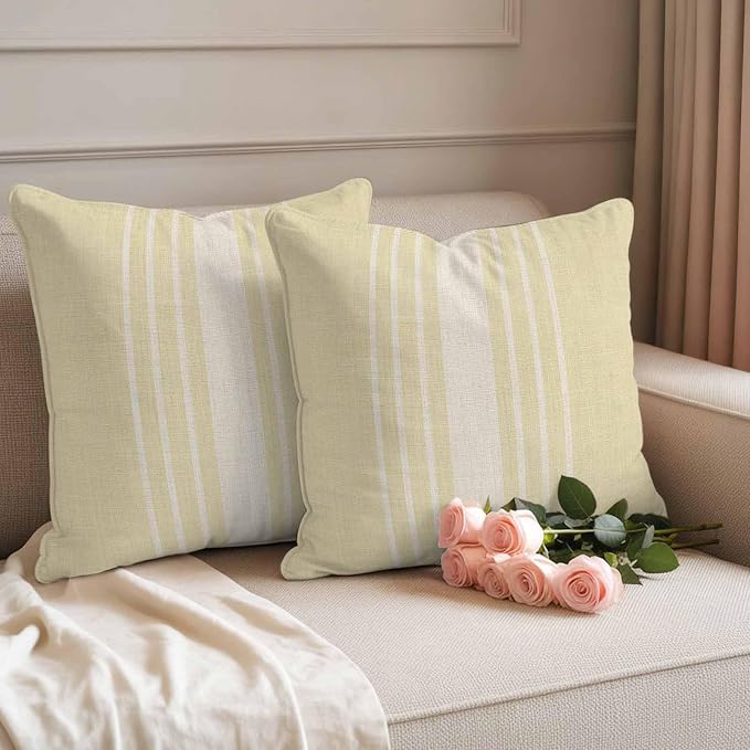 Throw Pillow Covers 20x20 Inch Set of 2, Cream Beige Striped Waterproof Outdoor Cushion Covers, Modern Farmhouse Retro Lines Decorative Pillowcases for Couch, Sofa, Bed, Garden, Patio