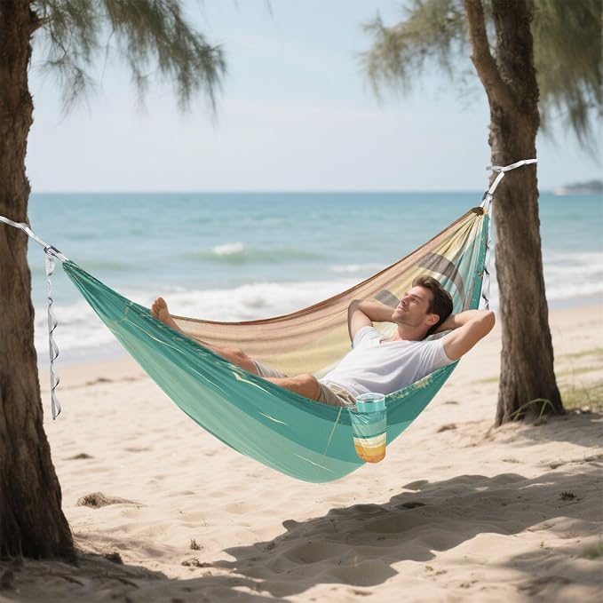 Retro Beach Scene Camping Hammock, Portable Lightweight Single Hammock with Tree Straps and Aluminum Carabiners, 114" x 54" Travel Hammock for Hiking Backpacking Beach