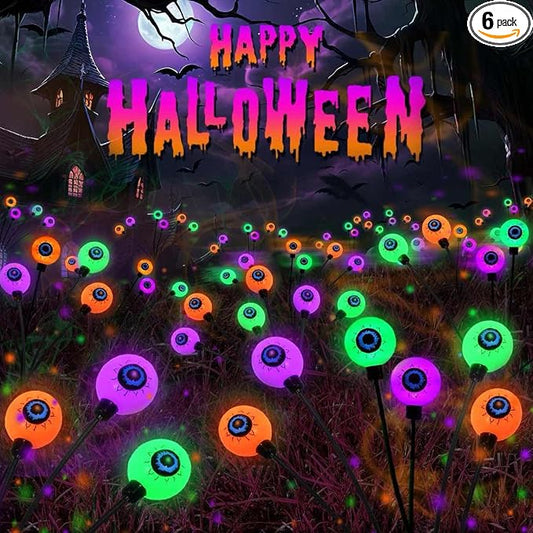 6 Pack Solar Halloween Decorations Outdoor 36 LED Solar Eyeball Lights | Orange Purple Green Halloween Lights, Sway by Wind, IP65 Waterproof, 2 Modes, for Pathway Garden Yard Lawn Horror Party Decor