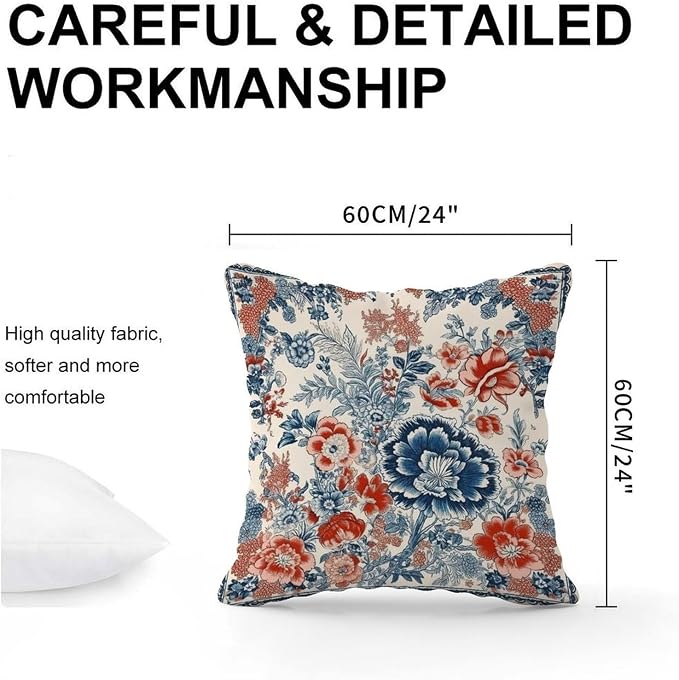 Chinoiserie Tree Peony Bird Pillowcase Floral Coral Turquoise Navy Throw Pillow Cover Retro Modern Decorative Pillow Covers for Sofa Patio Couch 24x24 in