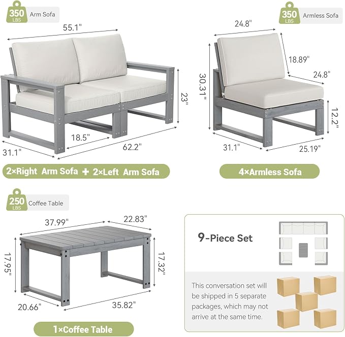 9-Piece Patio Furniture Set,HDPE Outdoor Furniture with Coffee Table,Outdoor Couch Sets with Cushions,Patio Sectional Sofas for Porch,Backyard,Deck,Grey