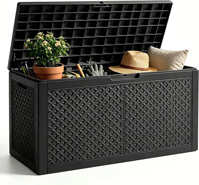 102 Gallon Outdoor Storage Box, Resin Deck Box Waterproof & Lockable, Patio Cushion Storage Bench for Garden, Pool, Furniture & Tools, UV Resistant Heavy Duty, Black
