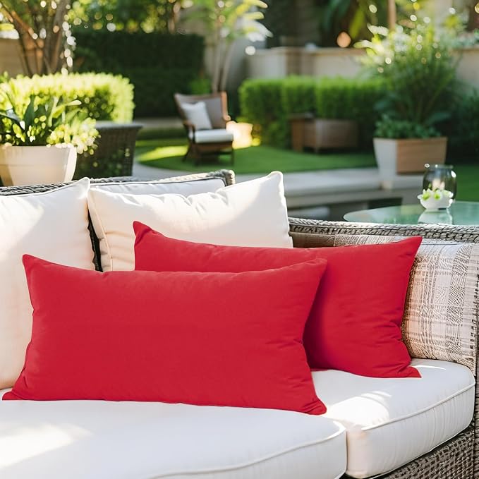 SK Studio Outdoor Water Resistant Throw Pillows, Decorative Patio Lumbar Cushions, Fluffy Furniture Garden Cushions for Home Patio Coach Sofa Use, Pack of 2, Wine Red, 18x18 Inch