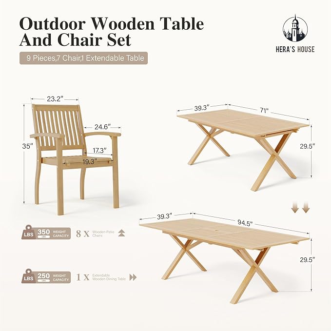 HERA'S HOUSE 9pc Patio Dining Set, Expandable Acacia Wood Table + 8 Chairs | Rectangular wooden table with umbrella hole, Fade-resistant, all-weather furniture for backyard, garden & poolside