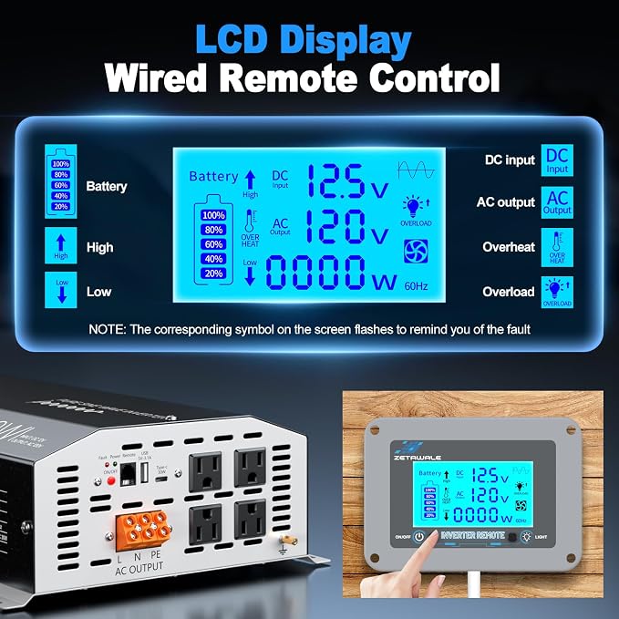 4000W Pure Sine Wave Inverter 12V DC to 110V/120V AC Converter, 8000W Peak, LCD Remote Control, 4 AC Outlets, USB & Type-C – Heavy Duty for RV, Truck, Off-Grid Solar, Home Emergency Power