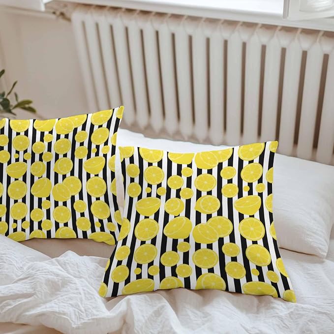 Vandarllin Outdoor Throw Pillows Covers 20x20 inch Set of 2 Waterproof Yellow Lemon Decorative Zippered Cushion Covers for Patio Furniture, Summer Fruit Black Stripes Lumbar Pillowcases