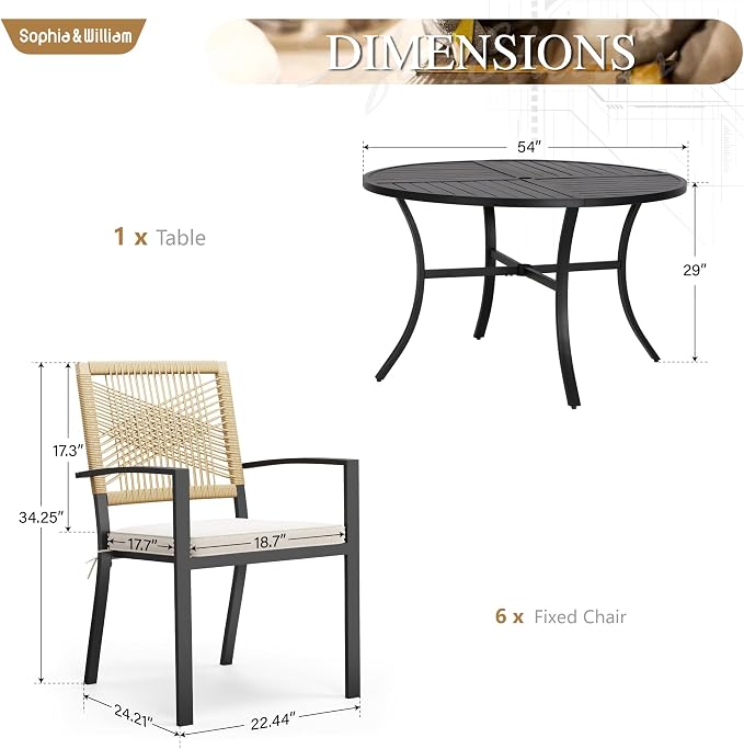 Sophia & William 7pc Patio Dining Set, 54" Round Table, Wicker Chairs | Outdoor Dining Set for 6, Round Patio Dining Table Set with Patio Wicker Chairs for Garden, Porch, Deck