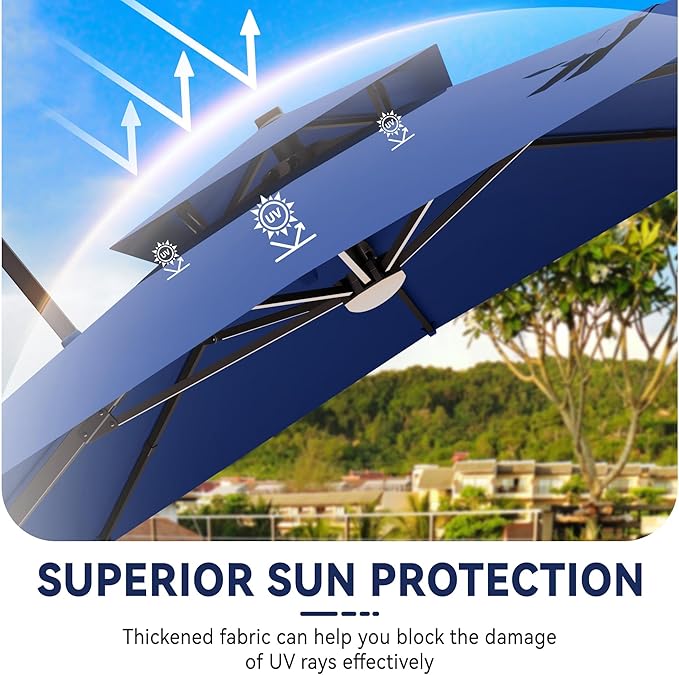 10x13 FT Cantilever Patio Umbrella with Led Lights Double Top Outdoor Rectangular Large Heavy Duty Aluminum Offset Umbrellas with 7 Level Tilt 360-degree Rotation for Pool Garden Deck, Navy