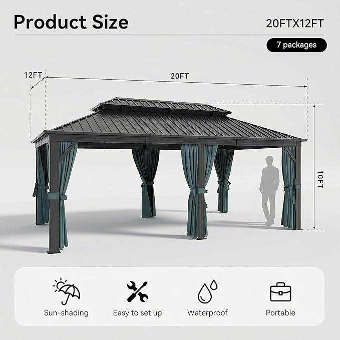 HOTEEL Gazebo 12x20 on Clearance with Metal Roof, Heavy Duty Hardtop Gazebo with Flame-Retardant Curtain & Netting, Outdoor Gazebos with Galvanized Steel Double Roof for Party,Patio Black