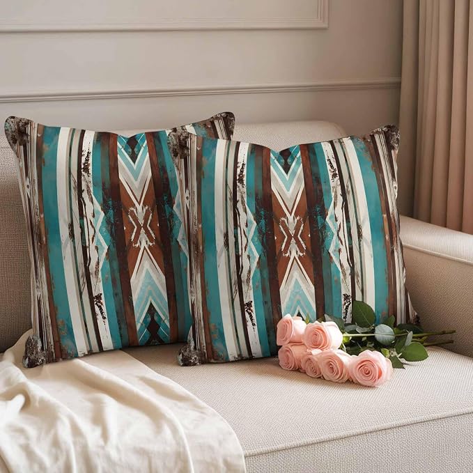Ethnic Tribal Stripes Outdoor Pillow Covers 20"x20" Set of 2, Retro Vintage Geometric Teal Brown Stripes Waterproof Throw Pillow Covers for Patio Furniture, Decorative Cushion Covers for Porch