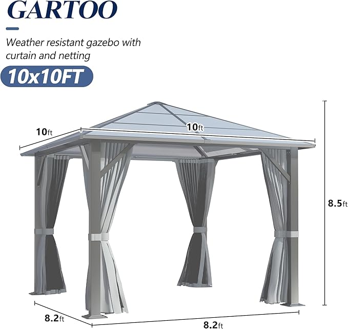 GARTOO 9.5'x9.5' Outdoor Hardtop Gazebo, Patio Gazebo with Translucent Roof, Polycarbonate Top Metal Frame Garden Tent with Breathable Mesh and Privacy Curtains for Patio Lawn Garden Backyard, Gray