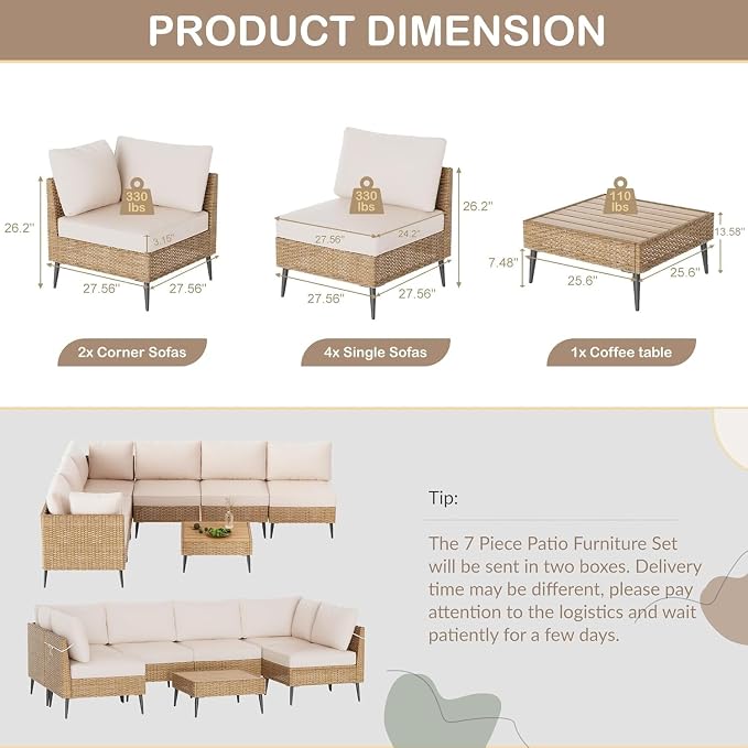 7 Piece Outdoor Patio Furniture Set, All Weather PE Rattan Sectional Sofa with Cushions and Table, Wicker Patio Conversation Couch Set for Garden Poolside Backyard Lounge(White)