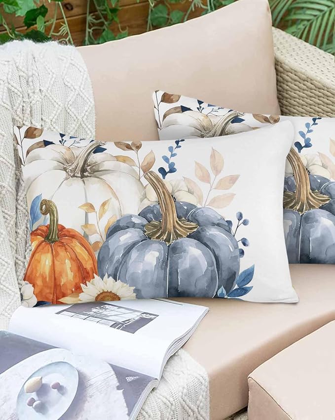 Fall Outdoor Throw Pillows Covers 20x12 inch Set of 2 Waterproof Blue White Pumpkin Zippered Cushion Covers for Patio Furniture, Autumn Eucalyptus Leaves Flower Thanksgiving Lumbar Pillowcases