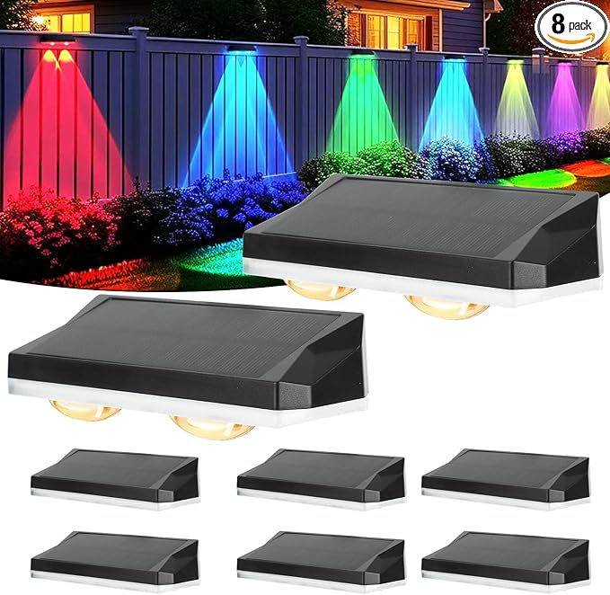 Solar Fence Lights Outdoor Waterproof LED, 13 Lighting Modes, Solar Outdoor Lights Dual Installation IP65 Energy Saving Solar Garden Lights, for Backyard Railings Steps Patio Walls (8)