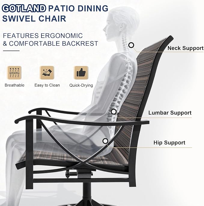 Gotland Patio Swivel Chairs Set of 2, Outdoor Dining Chairs with Breathable Teslin Seat Cushion & Backrest, 360° Outdoor Swivel Chairs with Metal Frame, Patio Dining Chairs for Deck Garden Brown