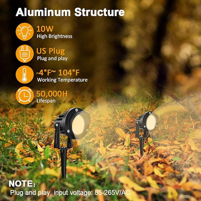 Romwish LED Landscape Spotlights 10W, 120V Plug in Outdoor Spot Lights, 1100LM 3000K Warm White Landscape Lighting, IP65 Waterproof Garden Lights for Yard Tree Pathway Flag - 2 Pack
