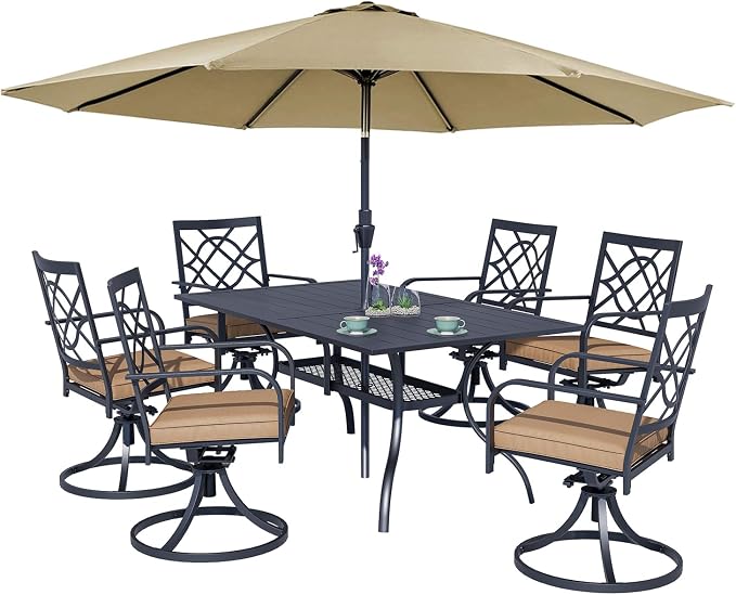 Oakcloud 7-Piece Metal Outdoor Furniture Patio Dining Set with Brown Umbrella, 6 Metal Swivel Chairs and Rectangle Dining Table with Umbrella Hole