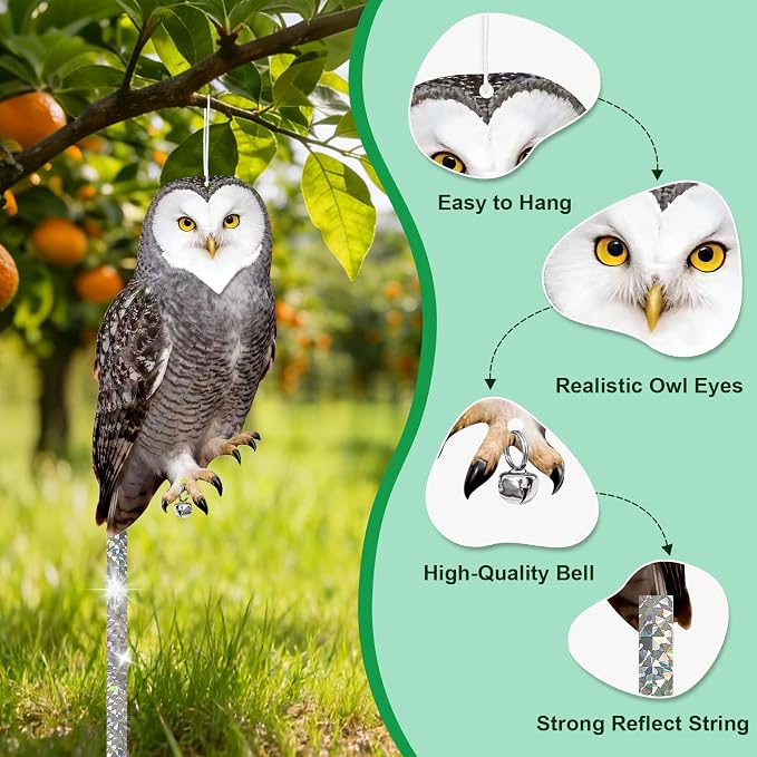Owls to Keep Birds Away: 3Pcs Fake Owl with Reflective Tape for Orchard Garden Patio Pool, Reflective Hanging Decoration to Keep Birds Pigeon from Windows Tree Vineyard