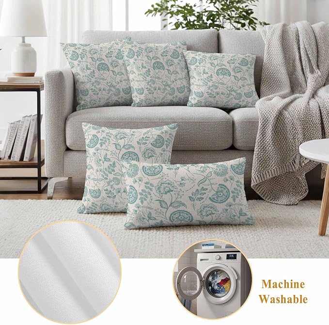 Outdoor Pillow Covers 20x12 Set of 2, Turquoise Spring Floral Waterproof Patio Throw Pillow Covers for Couch Sofa Chair, Farmhouse Retro Summer Botanical Decorative Pillowcases for Throw Pillows