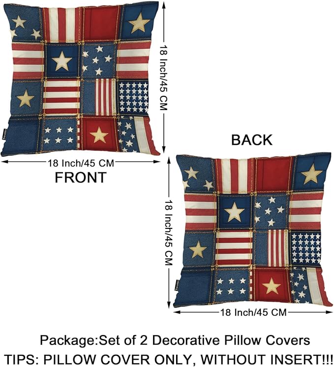Swono Patchwork of American Flag Square Pillow Covers Cushion Covers, Grunge Denim USA Flag 18 X 18 Inch Set of 2 Throw Pillow Cover Pillowcases Home Decorative for Couch Sofa Car Bedroom, No Insert