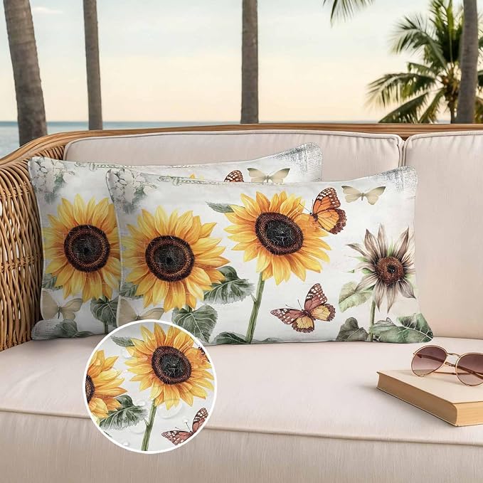 Sunflower Outdoor Waterproof Throw Pillow Covers Set of 2, 20"x12", Farmhouse Rustic Retro Summer Floral Butterfly Decorative Pillow Covers Outside Cushion Case for Patio Porch Garden