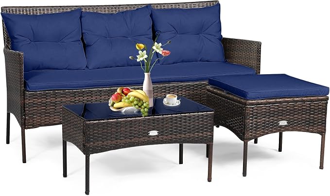 RELAX4LIFE 3 Pieces Patio Furniture Sectional Set, Rattan Wicker Conversation Set W/ 5 Cozy Seat & Back Cushions, Tempered Glass Coffee Table for Poolside, Balcony, Backyard Outdoor Furniture (Navy)