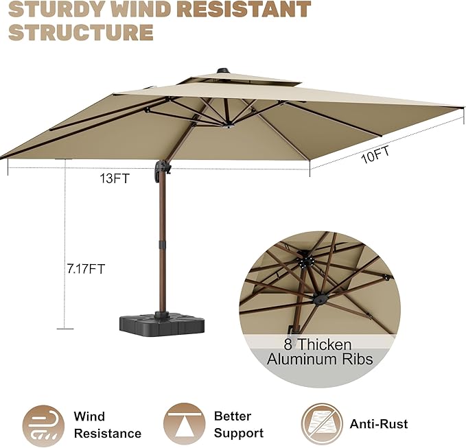 10x13FT Cantilever Outdoor Patio Umbrellas, Double Top Wood Pattern Rectangle Umbrella, Heavy Duty 360°Rotation Offset Umbrella for Garden Deck Pool Patio, Beige