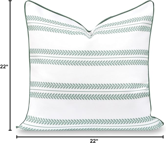 Hofdeco Premium Coastal Grandmillennial Patio Indoor Outdoor Throw Pillow Cover Only, 22"x22" Water Repellent for Backyard, Couch, Poolside, Celadon Green Print Leaf Striped