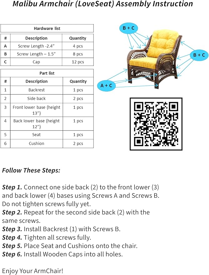 Malibu Lounge Set of 4: 2 Natural Rattan Wicker Chairs, Three-Seater Sofa with Cream Cushions and Coffee Table with Glass Handmade, White Color