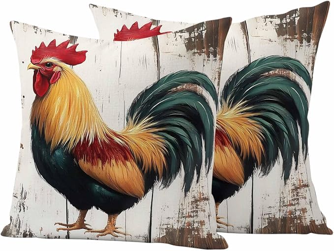 Vintage Rooster Outdoor Waterproof Throw Pillow Covers 16x16 Set of 2, Retro Farmhouse Rooster Watercolor Decorative Pillowcases Cushion Pillowcase for Couch Sofa Patio Outside Pillow Protector