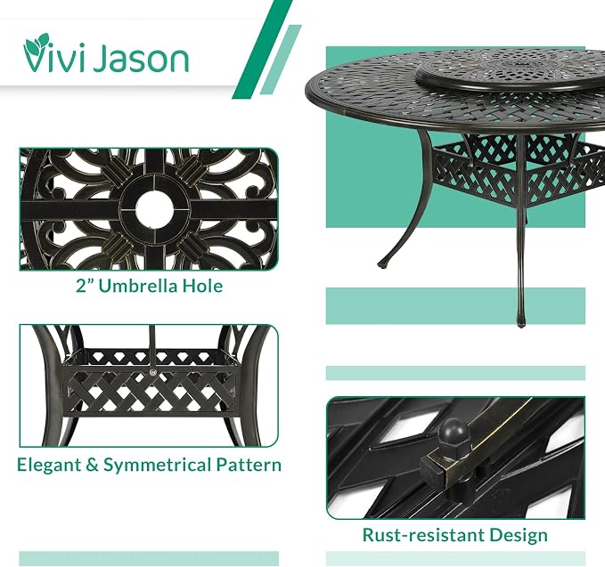 VIVIJASON 9-Piece Patio Dining Set, Rust-Free Cast Aluminum Outdoor Conversation Set, Includes 8 Swivel Dining Chairs & 61" Round Dining Table with 31" Lazy Susan, Ocean Blue