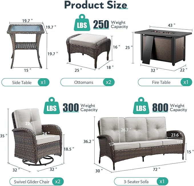 7 Piece Patio Furniture Set with Fire Pit Table - Wicker Patio Conversation Set with Swivel Glider, 3 Seat Sofa, Side Table and 2 Ottomans for Deck Backyard - Brown Wicker Beige Cushion