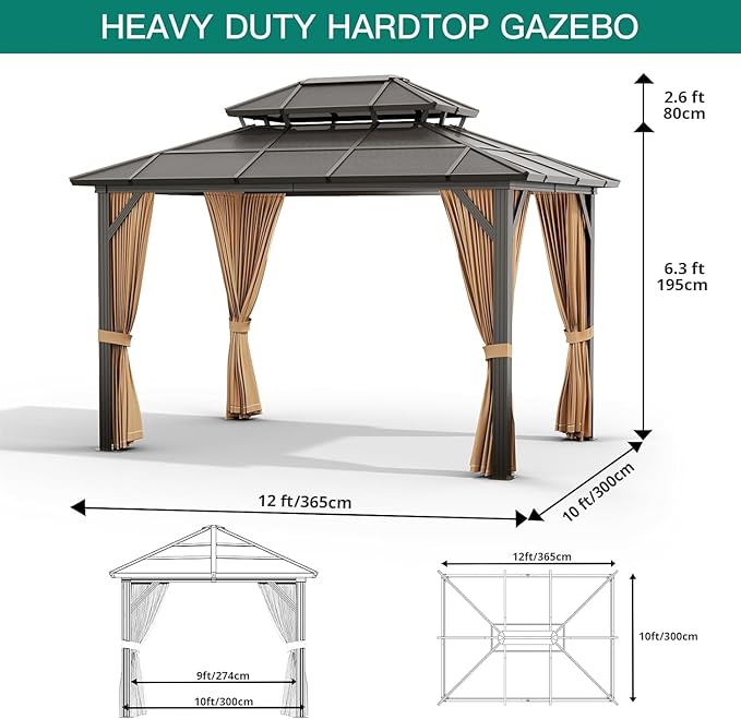 GAOMON 10x12ft Gazebo, Hardtop Outdoor Canopy Aluminum Frame Permanent Gazebo with Netting and Curtains, Polycarbonate Garden Tent for Patio, Lawn, Backyard, Deck (10'x12')