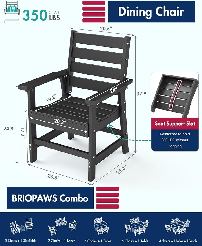 BRIOPAWS Outdoor-Dining-Chairs | Set of 2 | HDPE | Black | Patio Chair with Arms | Modern | All Weather | Oversized & Comfortable | for Deck Backyard Poolside Porch